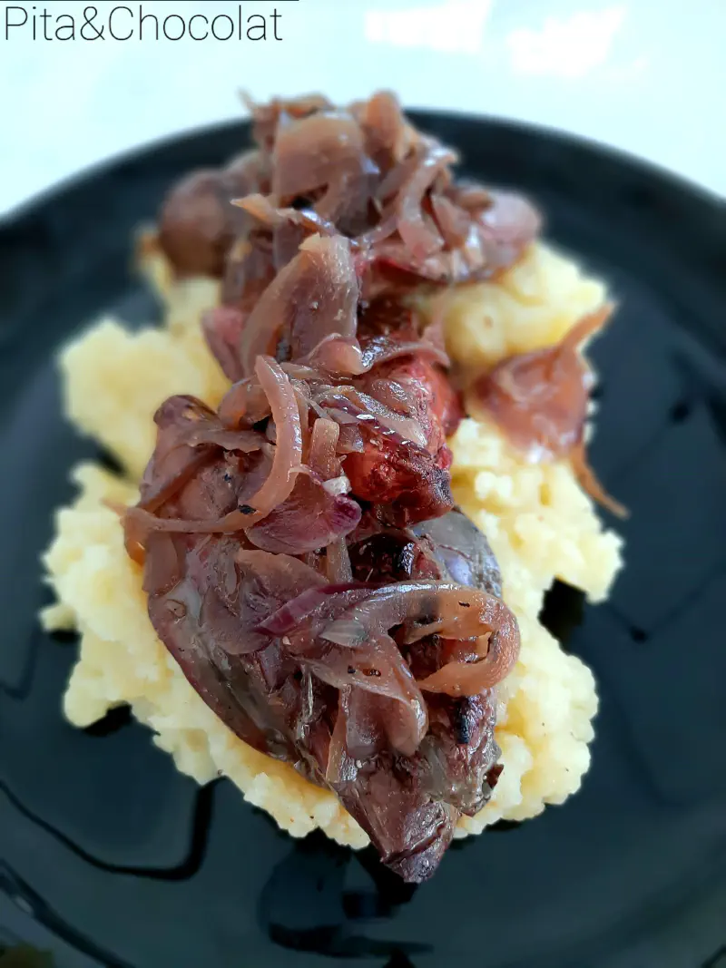 Chicken Livers with Caramelized Onions and Olive Oil Mashed Potatoes